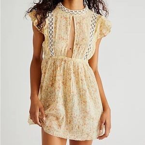 Free People Eva Yellow Floral Print Keyhole Cap Sleeve Boho Tunic Top